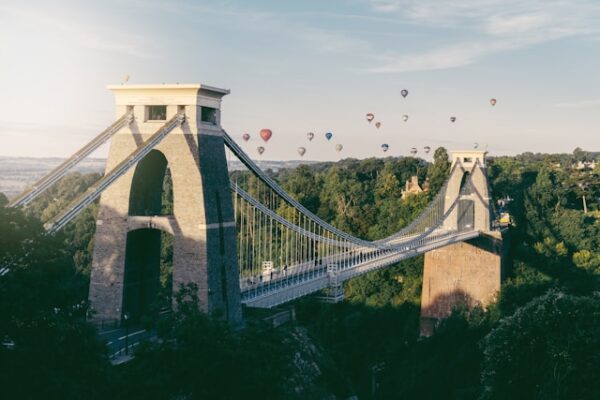 clifton suspension bridge in bristol with hot air balloons overhead
